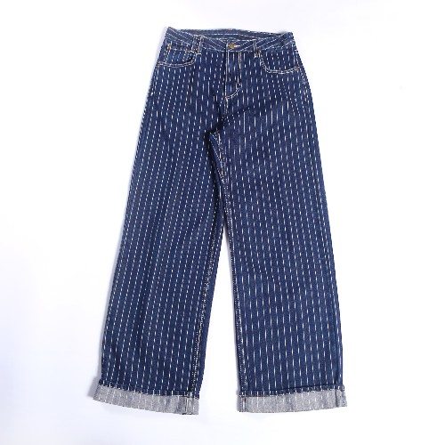FL-Men-48_Men Dark Blue White Vertical Stripe Cuff Wide Leg Jeans_Shanghai Fully Lucky Knitting