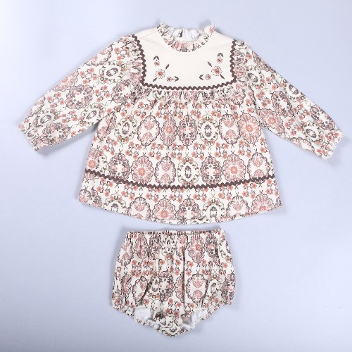 FL-WS-01_Custom vintage floral print ruffle yoke long sleeve girls tunic bloomer set for global baby apparel wholesalers_Shanghai Fully Lucky Knitting