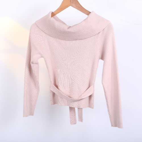 FL-Women-15_Light pink off-shoulder foldover collar tie waist vertical rib knit top, custom OEM women elegant slim long sleeve knit blouse manufacturer_Shanghai Fully Lucky Knitting