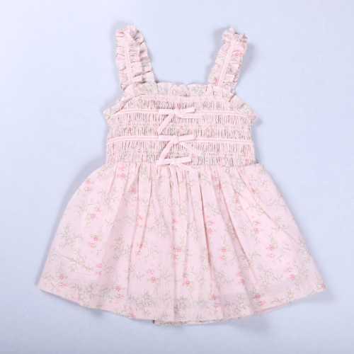 FL-WD-01_Custom floral print smocked ruffle shoulder woven infant dress, private label for global kids apparel distributors_Shanghai Fully Lucky Knitting