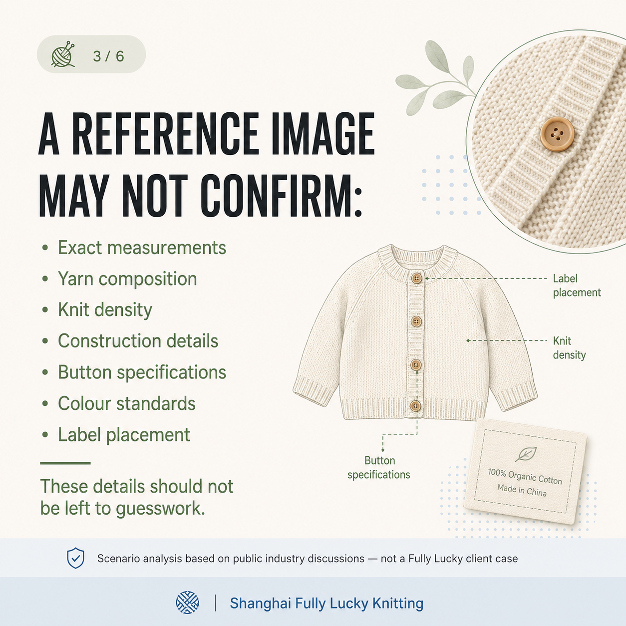 Visual guide showing technical details not confirmed by a reference image, including measurements, yarn composition, knit density, trims, colours and label placement.